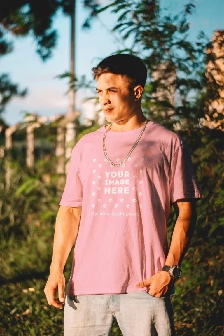 Man Wearing Pink T-shirt Mockup Front View Template