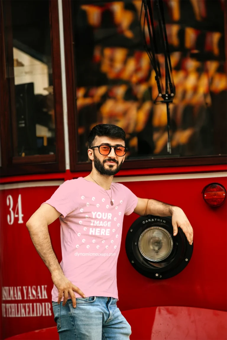 Man Wearing Pink T-shirt Mockup Front View Template