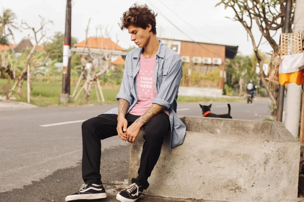 Man Wearing Pink T-shirt Mockup Front View Template