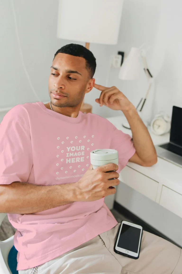 Man Wearing Pink T-shirt Mockup Front View Template