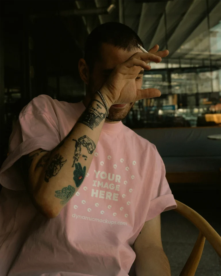 Man Wearing Pink T-shirt Mockup Front View Template