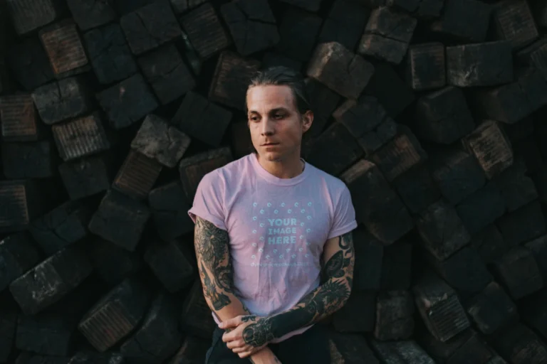 Man Wearing Pink T-shirt Mockup Front View Template