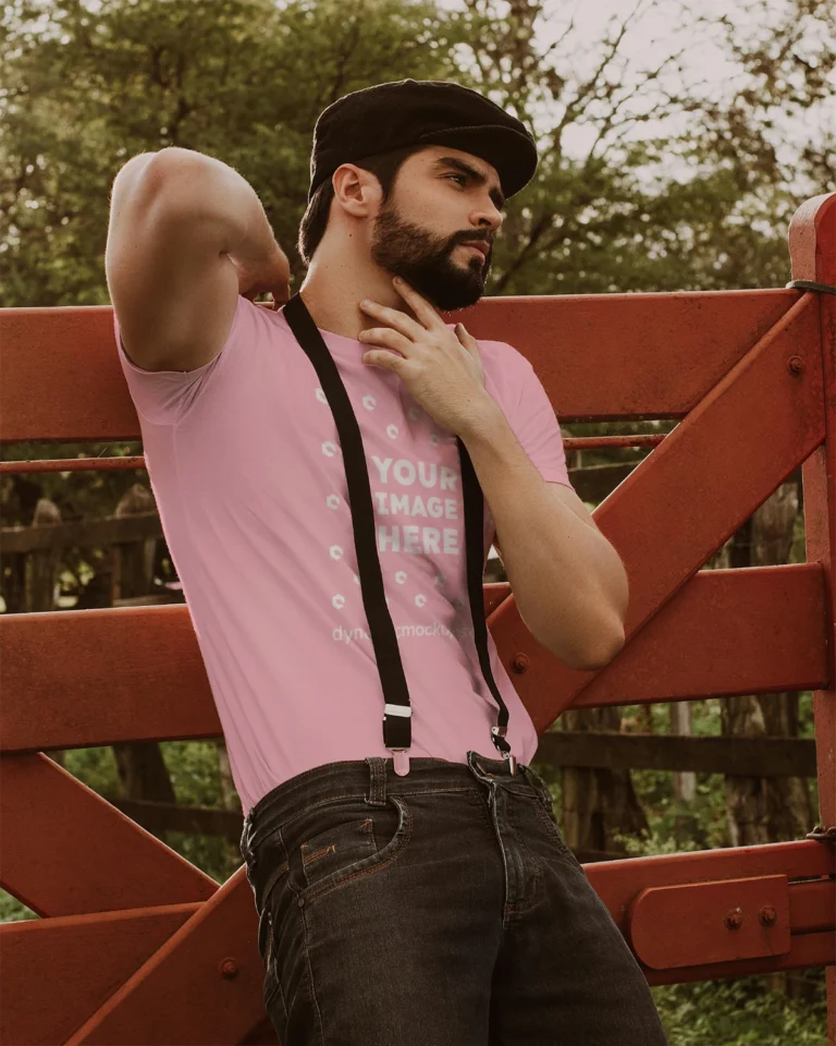Man Wearing Pink T-shirt Mockup Front View Template