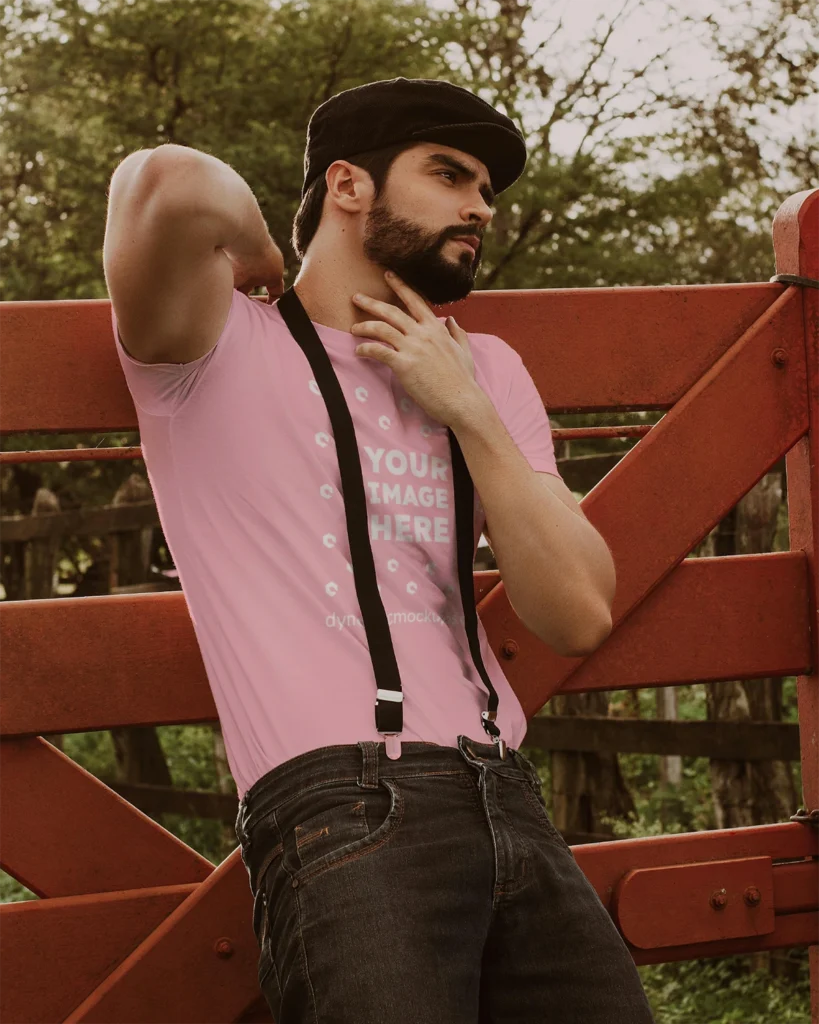 Man Wearing Pink T-shirt Mockup Front View Template