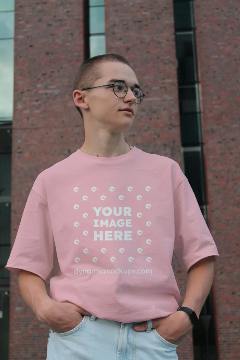 Man Wearing Pink T-shirt Mockup Front View Template