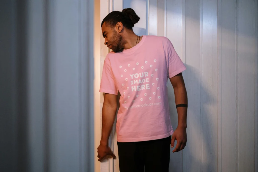 Man Wearing Pink T-shirt Mockup Front View Template