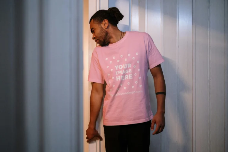 Man Wearing Pink T-shirt Mockup Front View Template