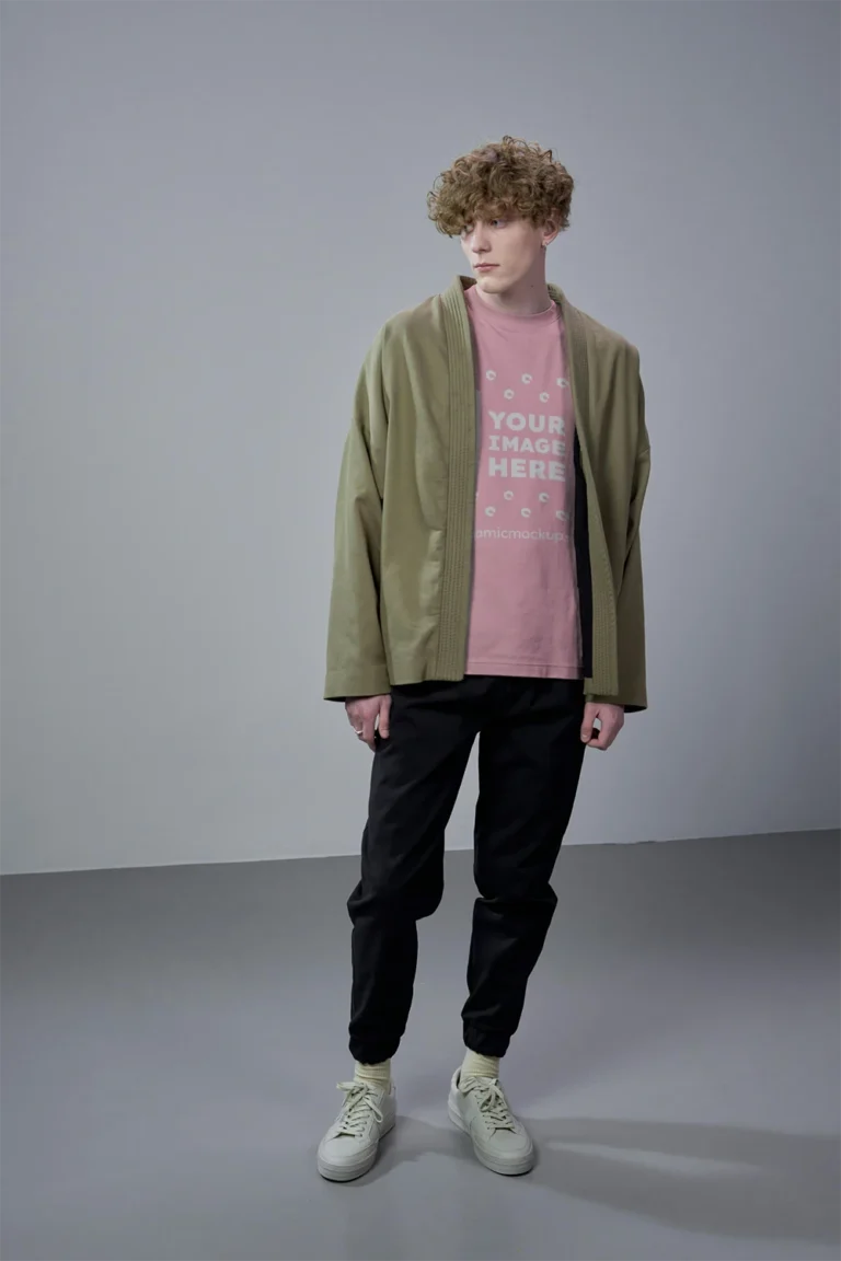 Man Wearing Pink T-shirt Mockup Front View Template