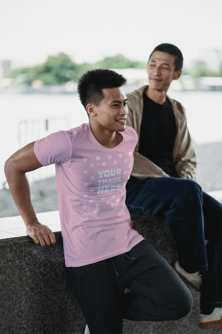 Man Wearing Pink T-shirt Mockup Front View Template