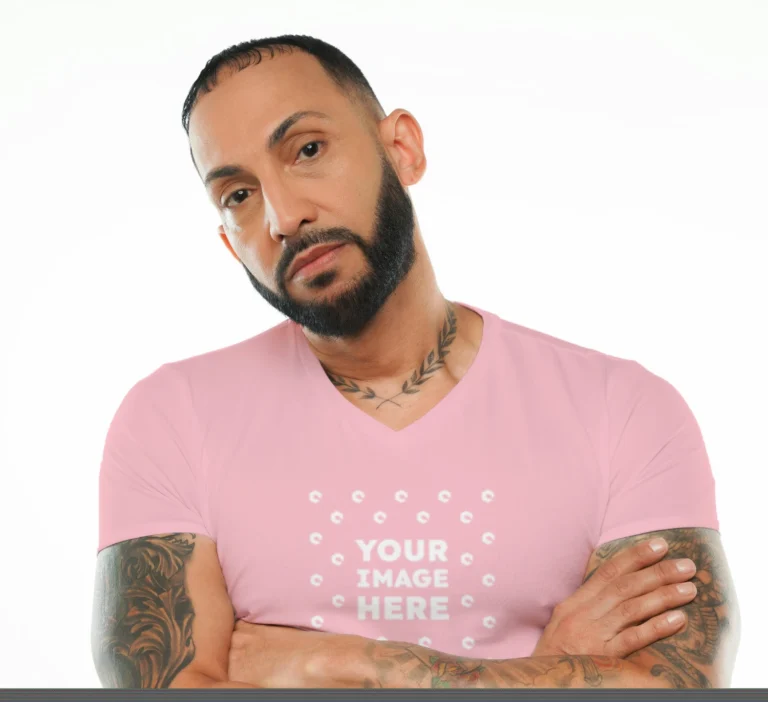 Man Wearing Pink T-shirt Mockup Front View Template