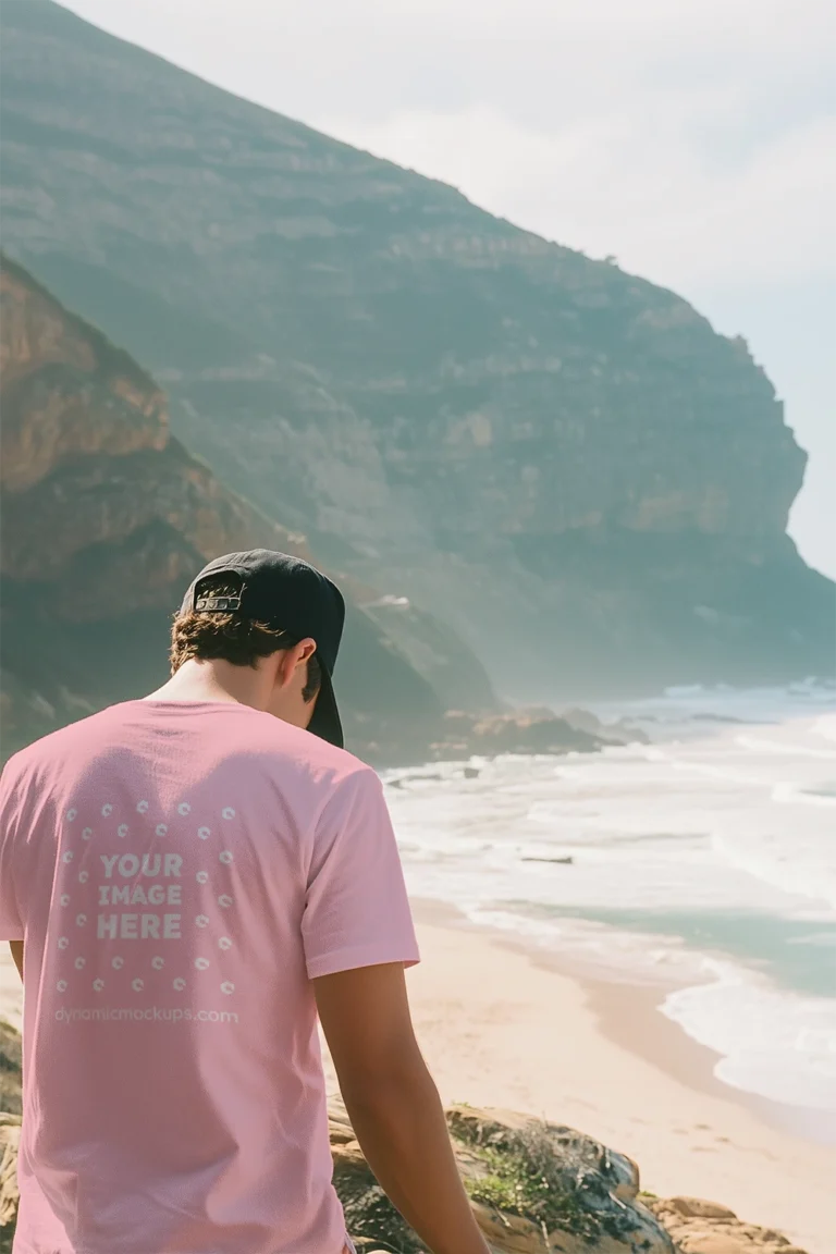 Man Wearing Pink T-shirt Mockup Back View Template