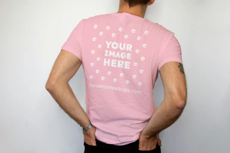 Man Wearing Pink T-shirt Mockup Back View Template