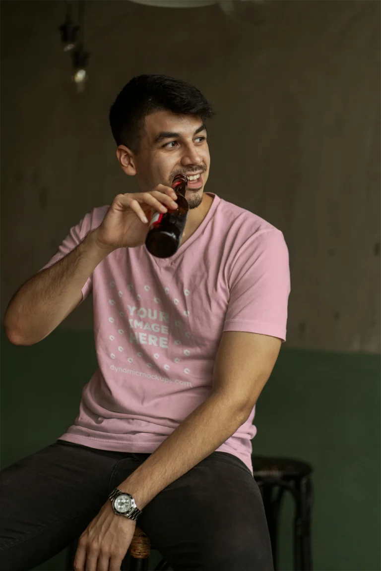 Man Wearing Pink T-shirt Mockup Front View Template