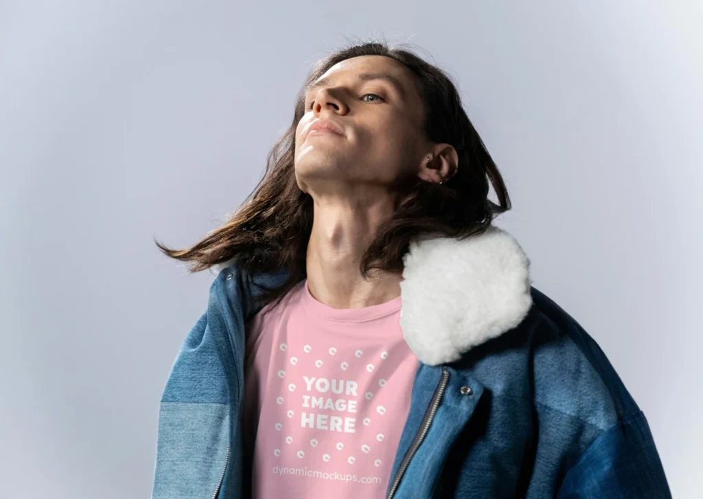 Man Wearing Pink T-shirt Mockup Front View Template
