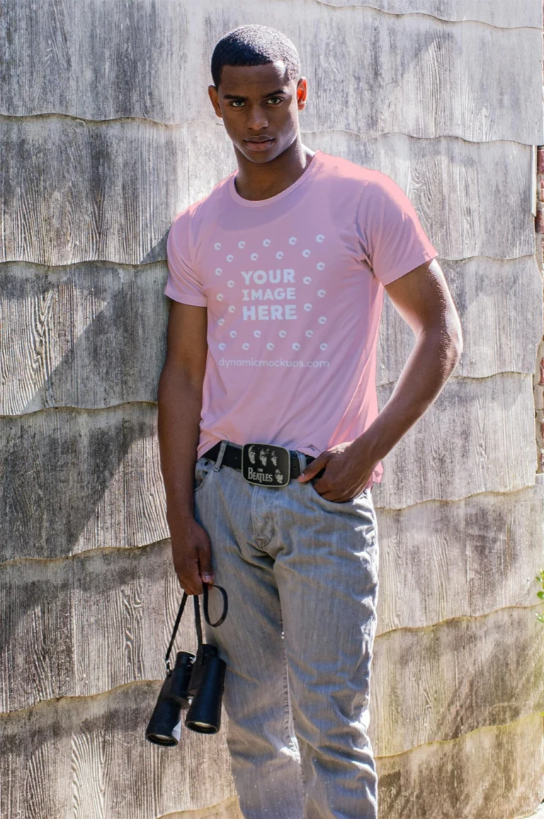 Man Wearing Pink T-shirt Mockup Front View Template