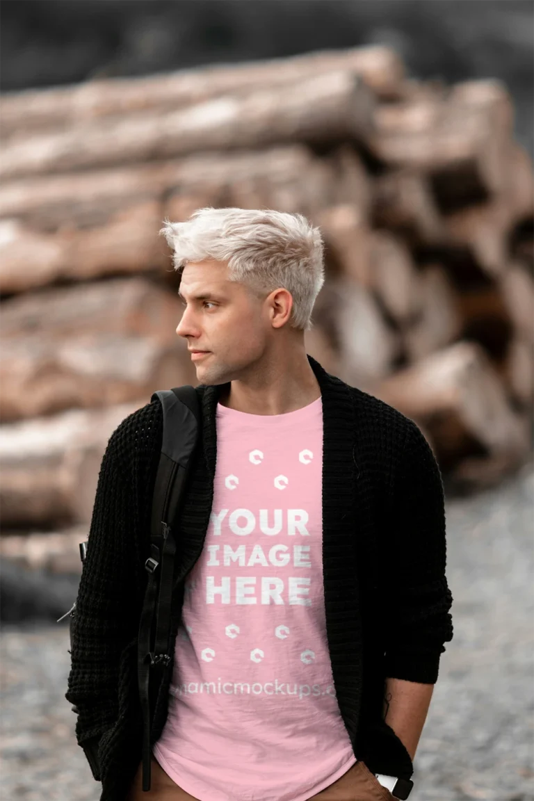 Man Wearing Pink T-shirt Mockup Front View Template