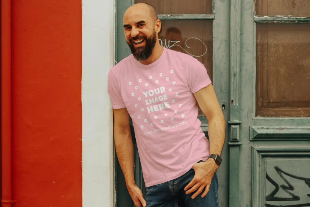 Man Wearing Pink T-shirt Mockup Front View Template
