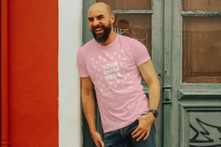 Man Wearing Pink T-shirt Mockup Front View Template