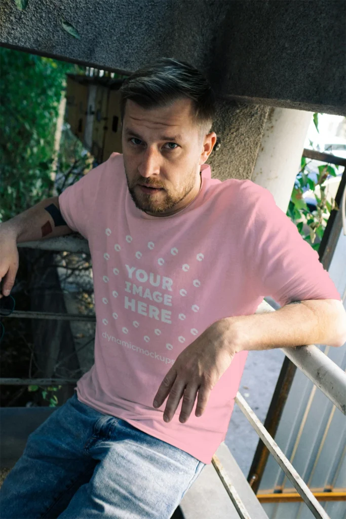 Man Wearing Pink T-shirt Mockup Front View Template
