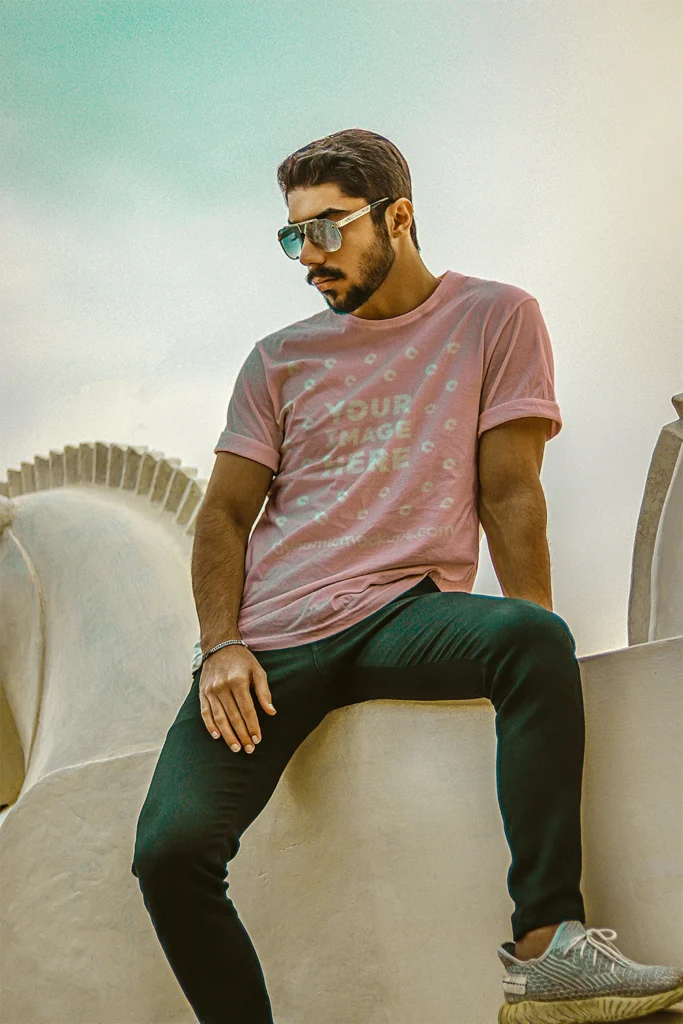 Man Wearing Pink T-shirt Mockup Front View Template