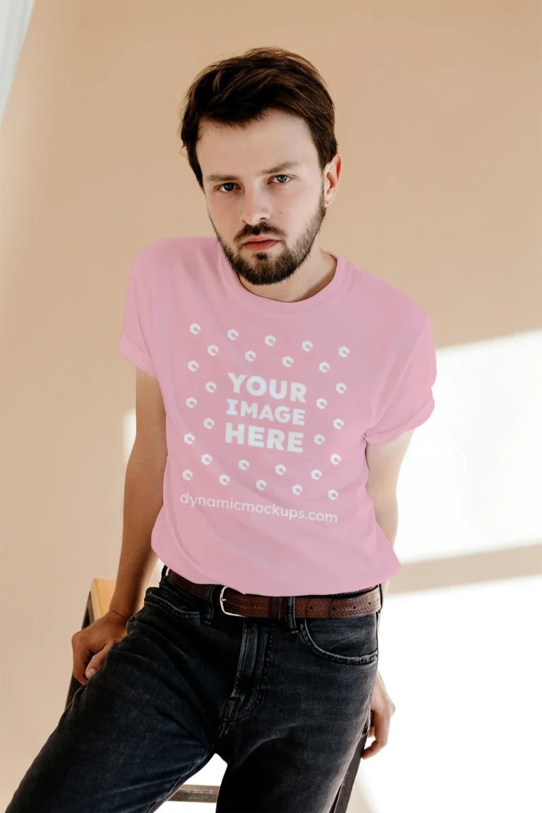 Man Wearing Pink T-shirt Mockup Front View Template
