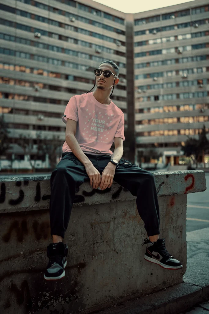 Man Wearing Pink T-shirt Mockup Front View Template