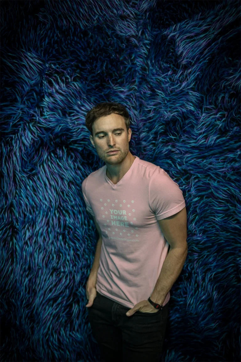 Man Wearing Pink T-shirt Mockup Front View Template