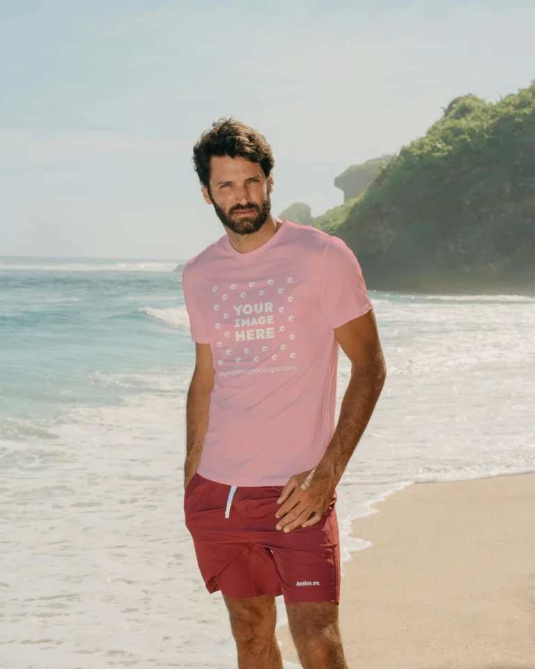 Man Wearing Pink T-shirt Mockup Front View Template