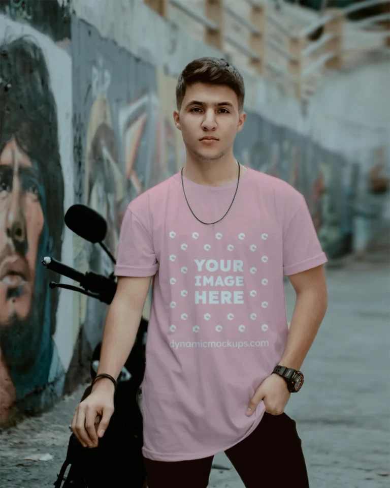 Man Wearing Pink T-shirt Mockup Front View Template