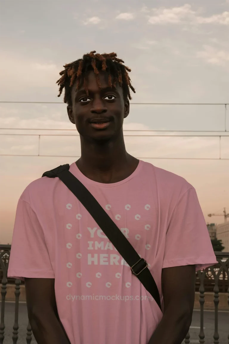 Man Wearing Pink T-shirt Mockup Front View Template