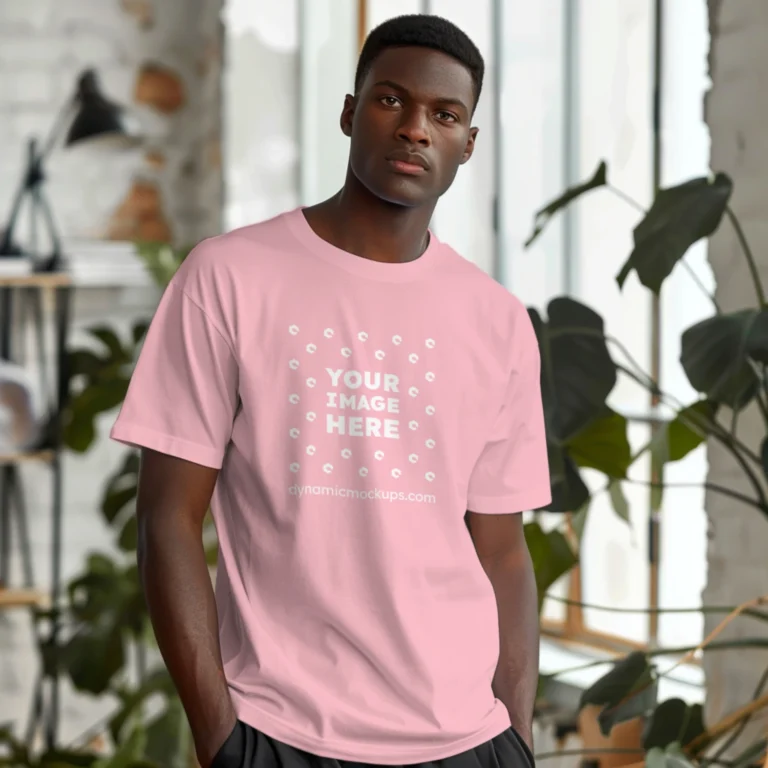 Man Wearing Pink T-shirt Mockup Front View Template