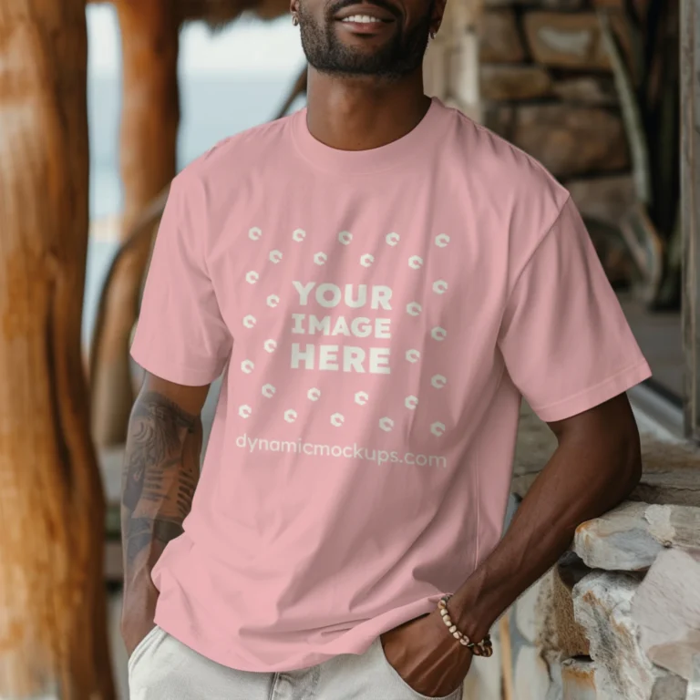 Man Wearing Pink T-shirt Mockup Front View Template