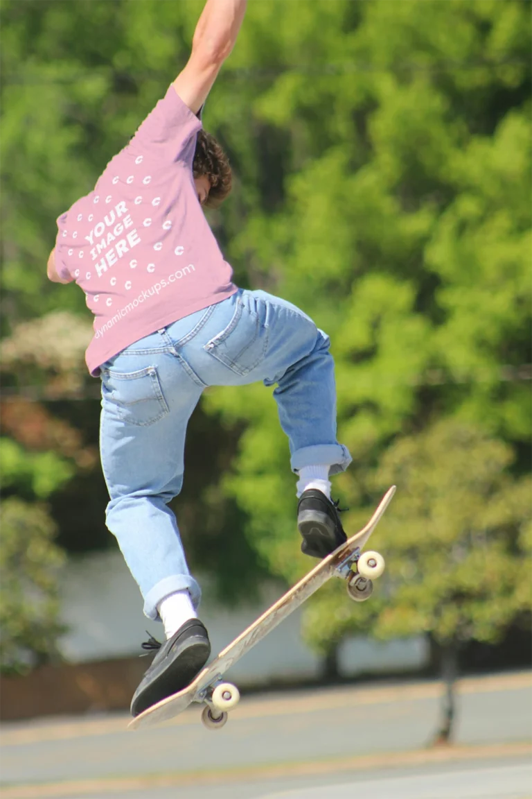 Man Wearing Pink T-shirt Mockup Back View Template