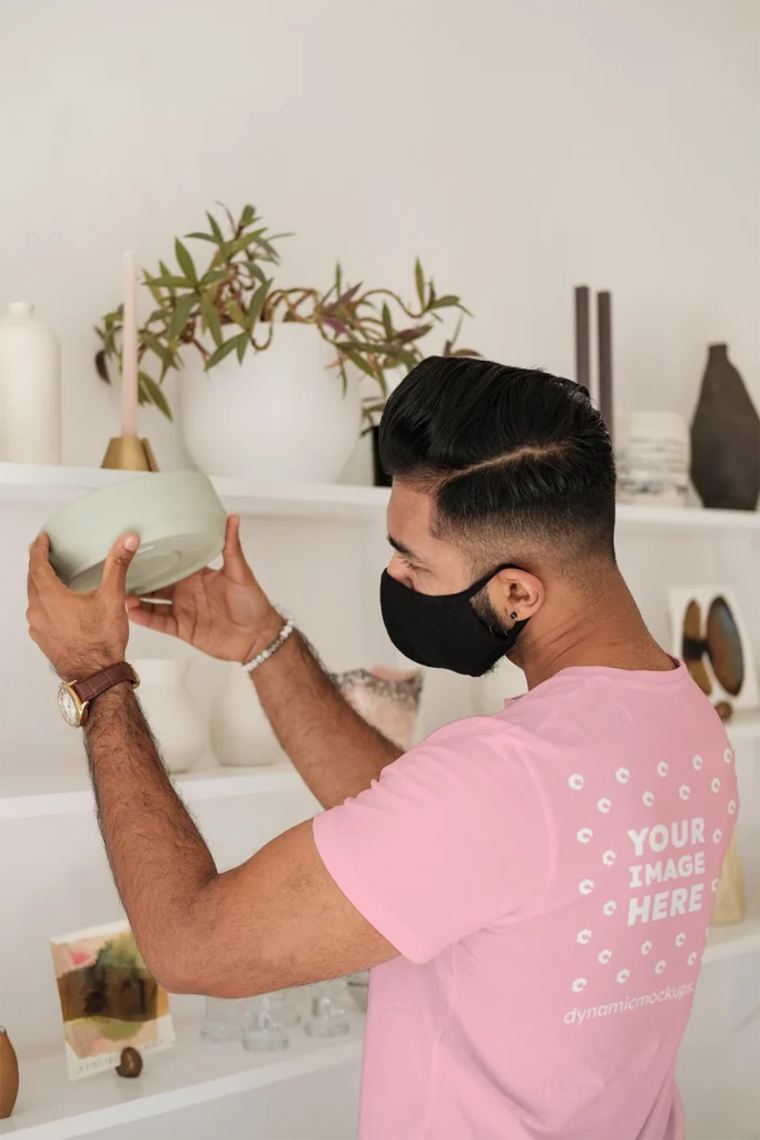 Man Wearing Pink T-shirt Mockup Back View Template
