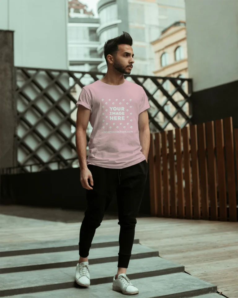 Man Wearing Pink T-shirt Mockup Front View Template