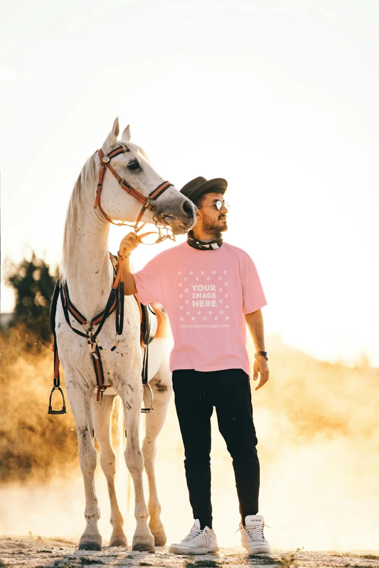 Man Wearing Pink T-shirt Mockup Front View Template