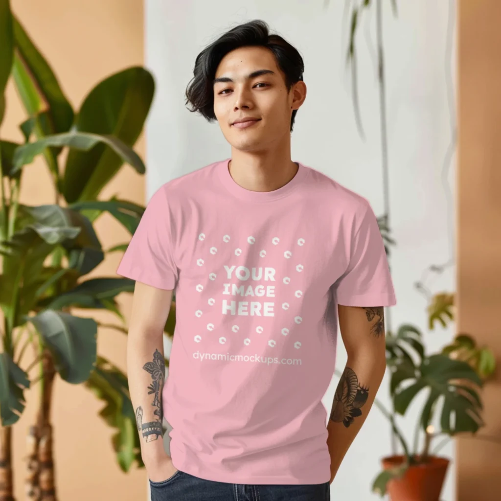 Man Wearing Pink T-shirt Mockup Front View Template