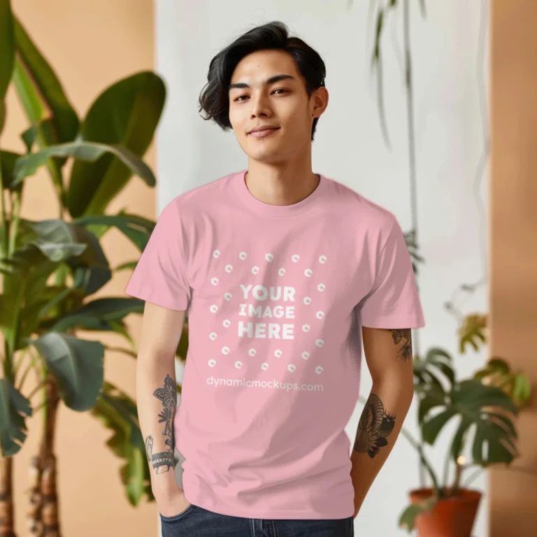 Man Wearing Pink T-shirt Mockup Front View Template