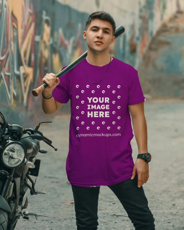 Man Wearing Purple T-shirt Mockup Front View Template