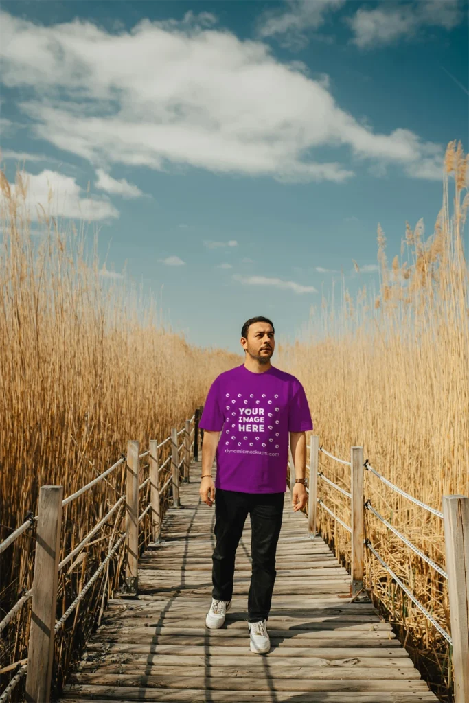 Man Wearing Purple T-shirt Mockup Front View Template