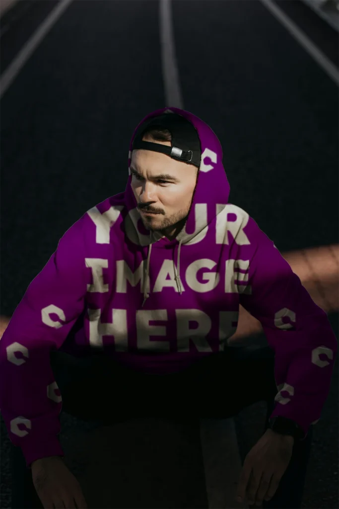 Man Wearing Purple Hoodie Mockup Front View Template