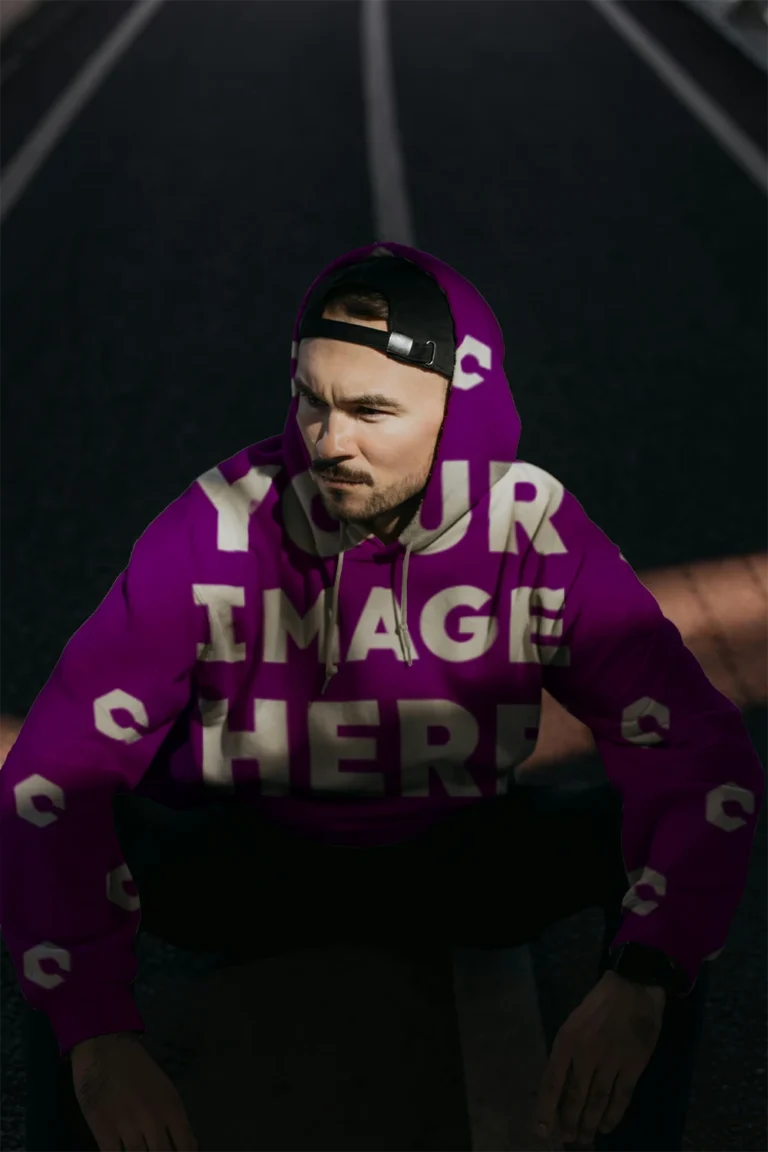 Man Wearing Purple Hoodie Mockup Front View Template