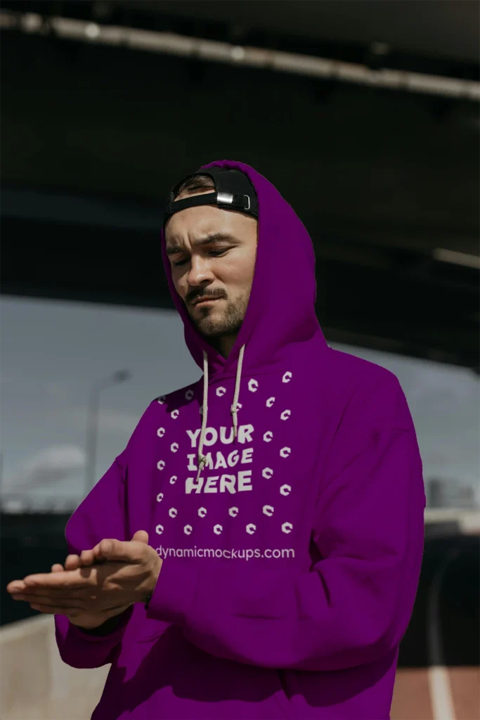 Man Wearing Purple Hoodie Mockup Front View Template