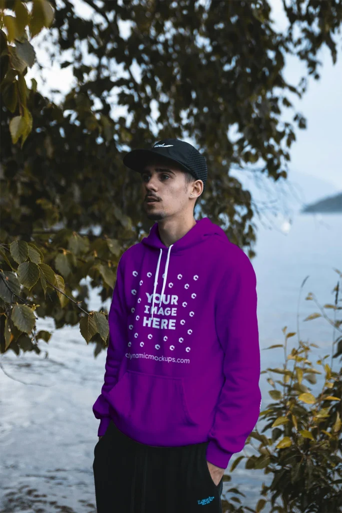 Man Wearing Purple Hoodie Mockup Front View Template