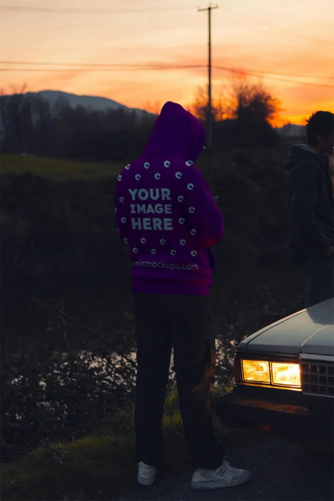 Man Wearing Purple Hoodie Mockup Back View Template