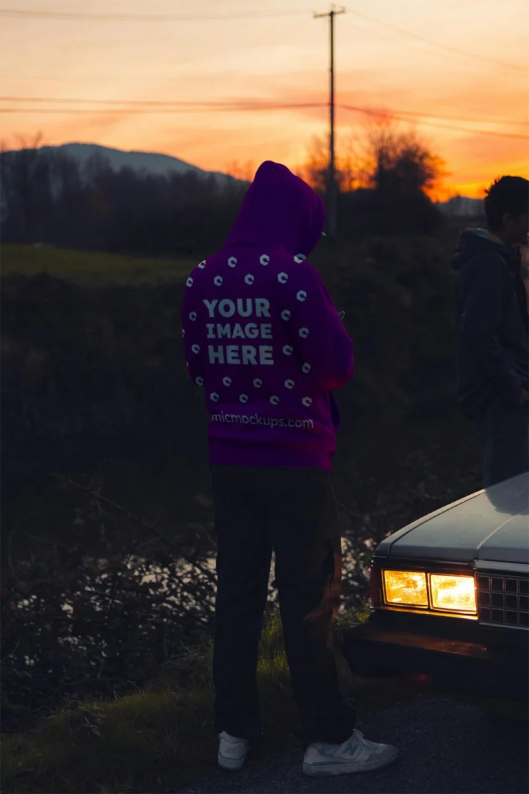 Man Wearing Purple Hoodie Mockup Back View Template
