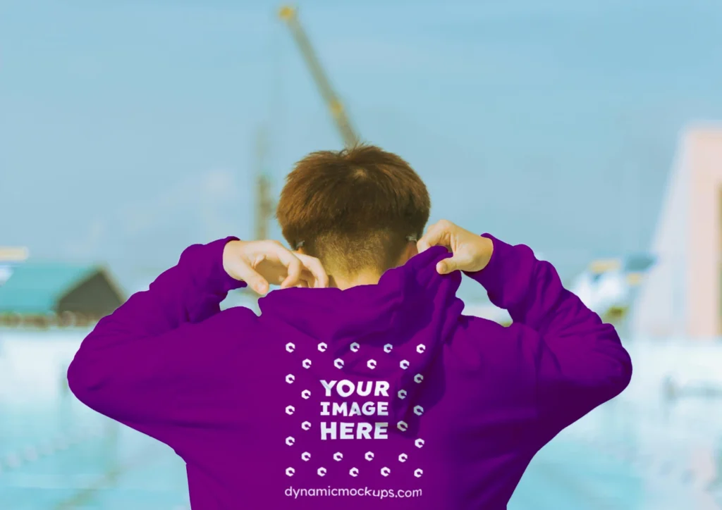Man Wearing Purple Hoodie Mockup Back View Template