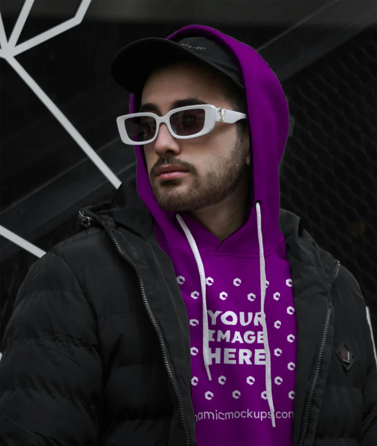 Man Wearing Purple Hoodie Mockup Front View Template