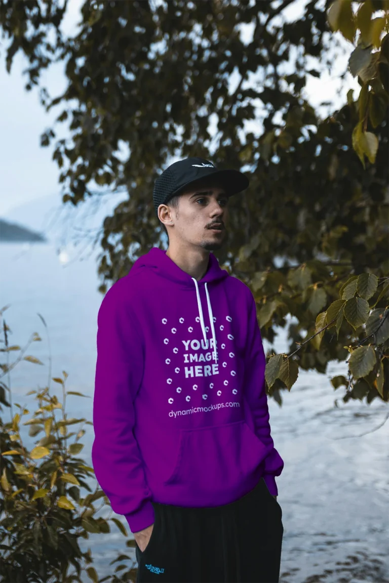 Man Wearing Purple Hoodie Mockup Front View Template