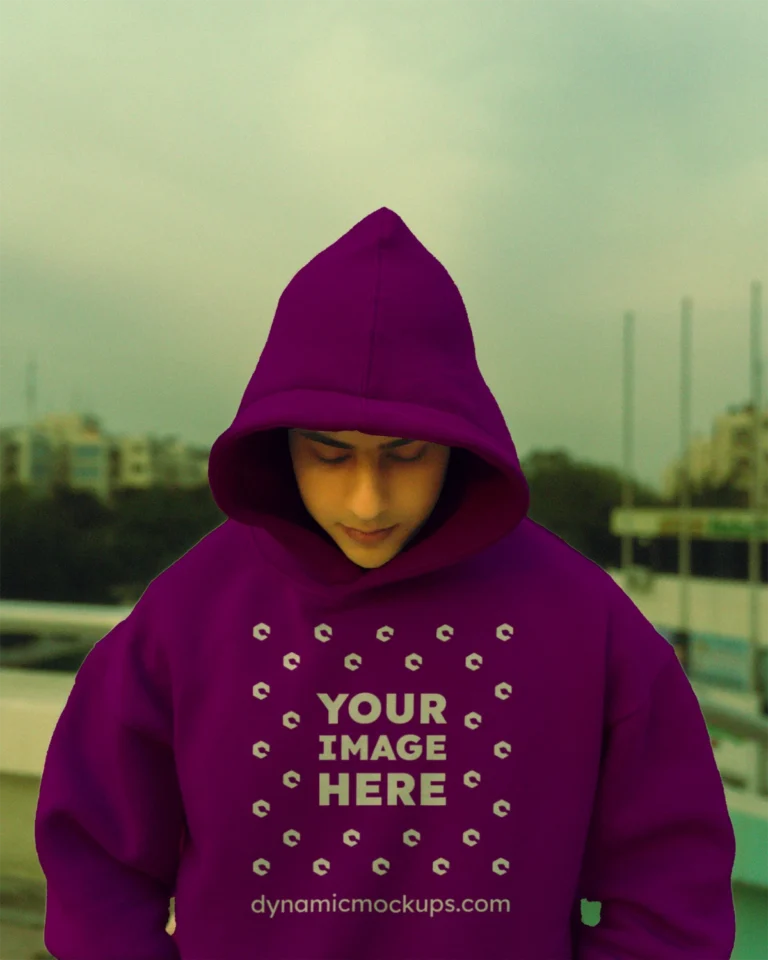 Man Wearing Purple Hoodie Mockup Front View Template